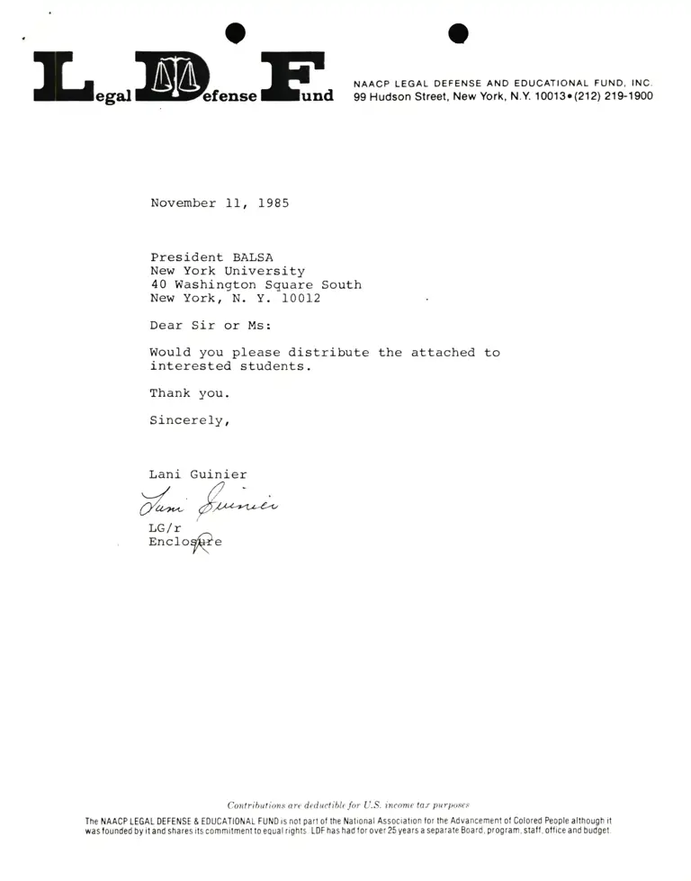 Correspondence from Lani Guinier to President BALSA (New York University) preview