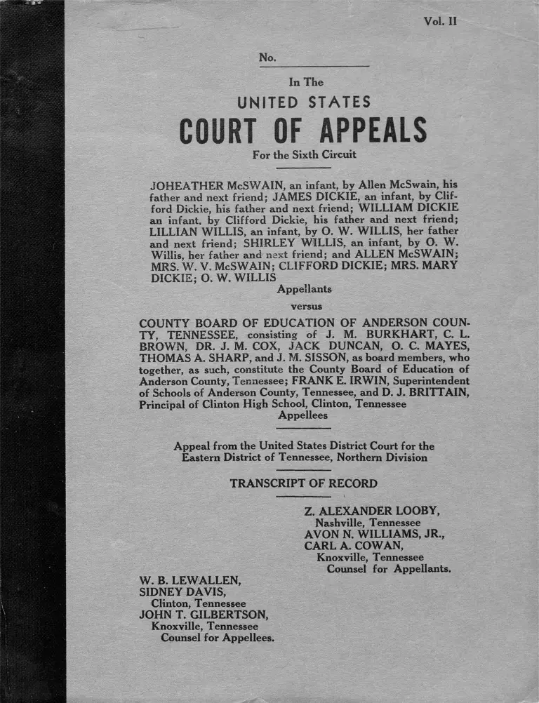 McSwain v. County Board of Education of Anderson County, Tennessee Transcript of Record preview