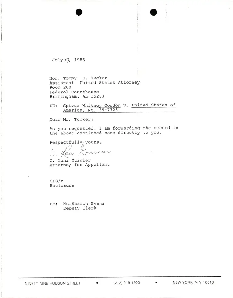 Correspondence from Lani Guinier to Tommy E. Tucker (Federal Courthouse) preview