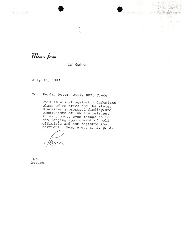 Memo from Lani Guinier to Penda, Peter, Joel, Ron, and Clyde Re: Suit and Blacksher's Findings preview