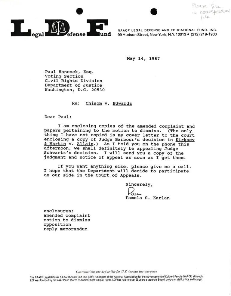 Correspondence from Pamela Karlan to Paul Hancock, Esq. Re Chisom v. Edwards preview