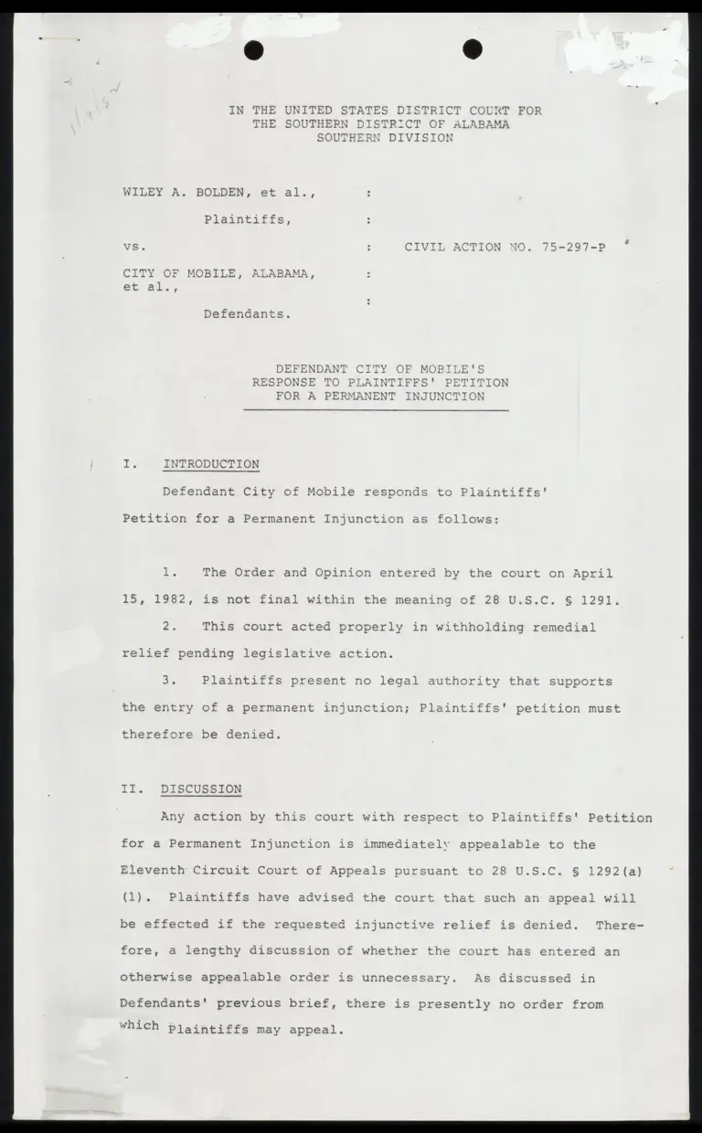 Defendant's Response to Plaintiffs' Petition for a Permanent Injunction preview