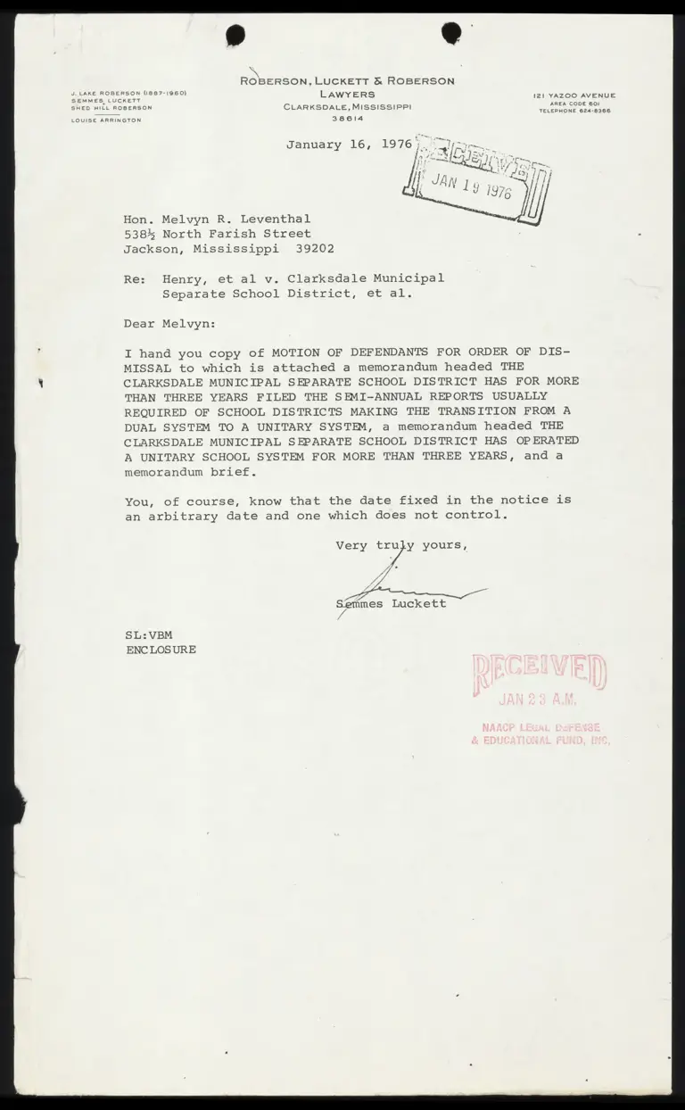 Correspondence from Luckett to Leventhal; Motion of Defendants for Order of Dismissal; Memorandum preview