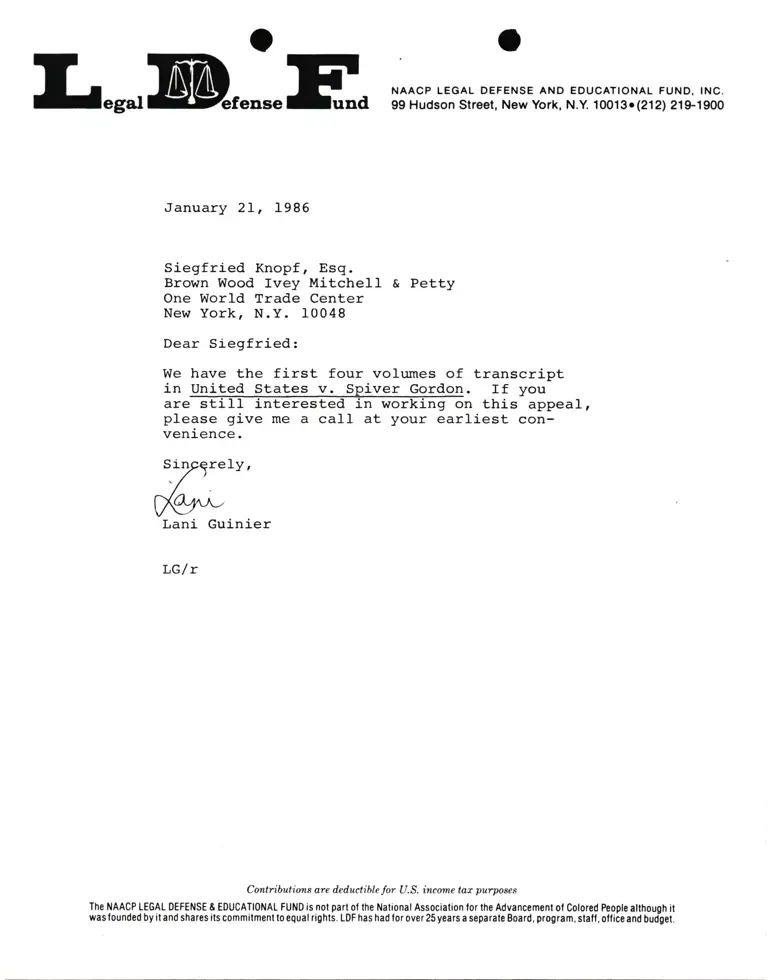 Correspondence from Lani Guinier to Siegfried Knopf, Esq. Re United States v. Spiver Gordon preview