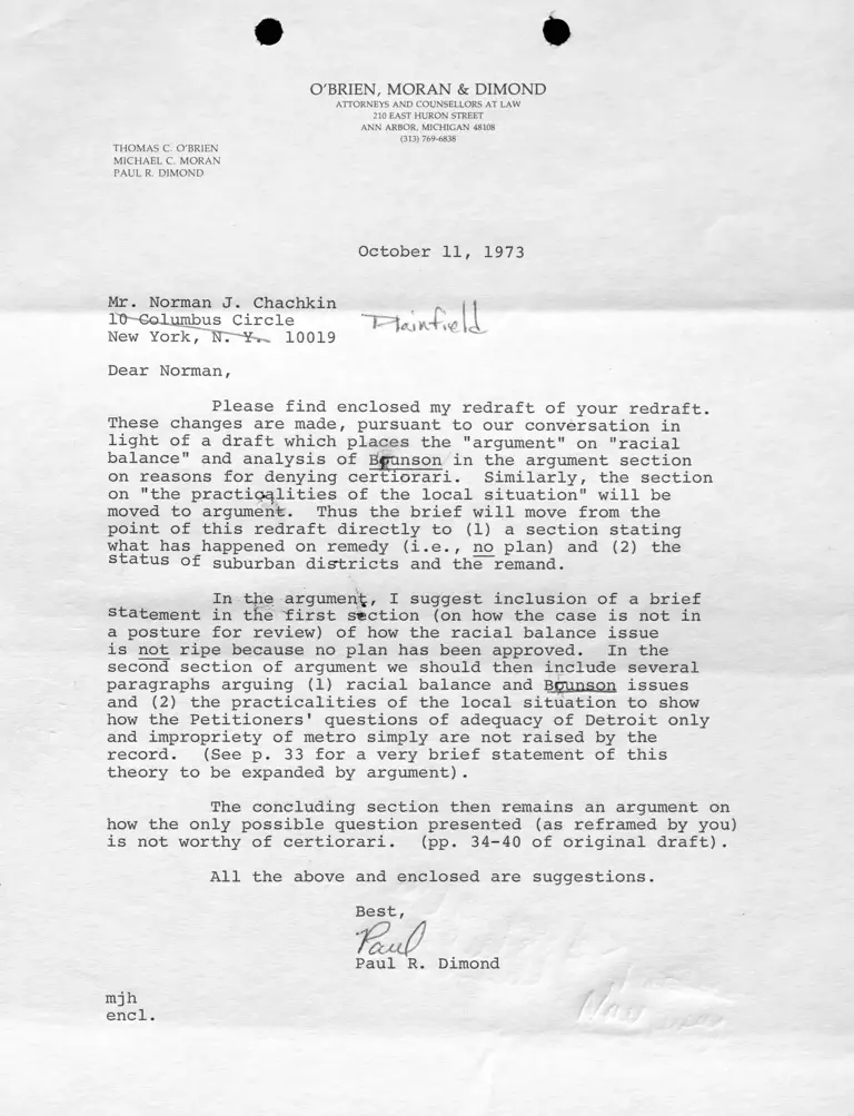 Letter from Dimond to Chackin RE Redraft Changes preview