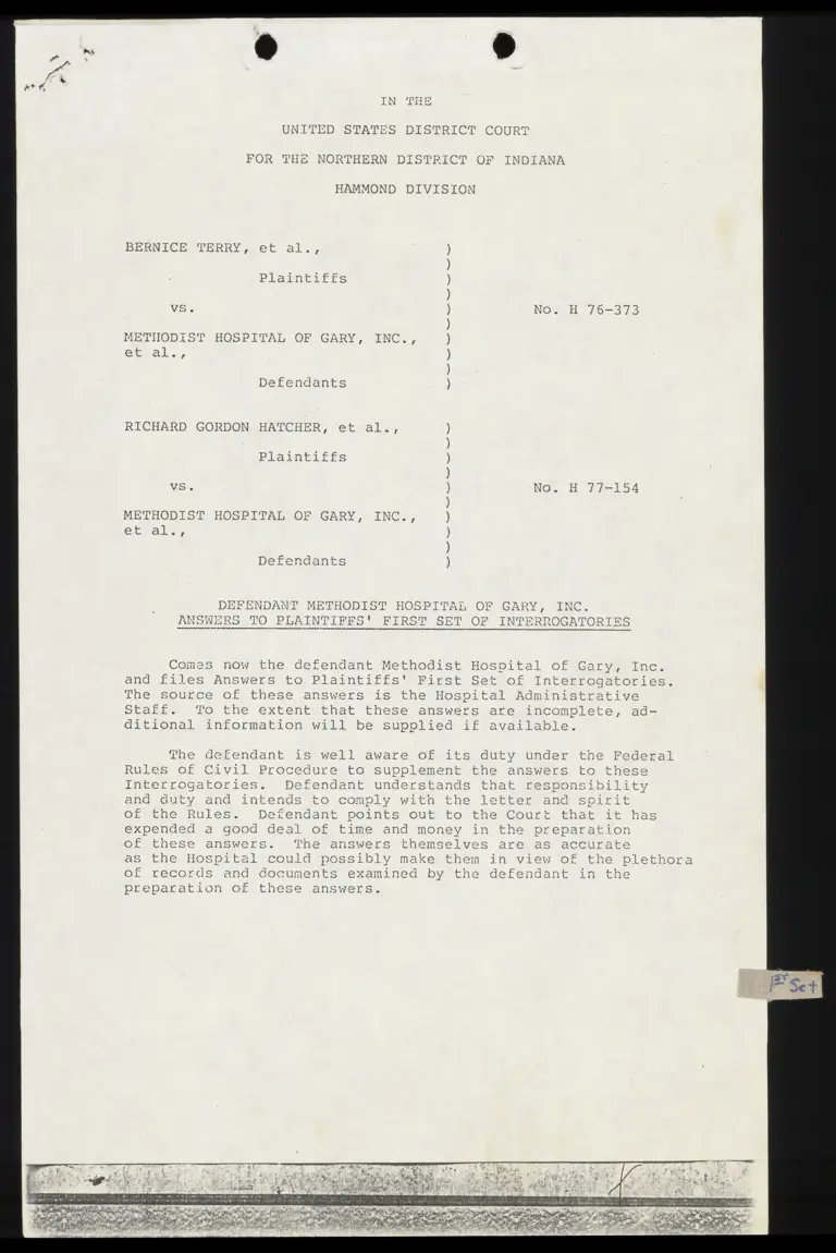 Defendant Methodist Hospital of Gary, Inc. Answers to Plaintiffs' First Set of Interrogatories preview