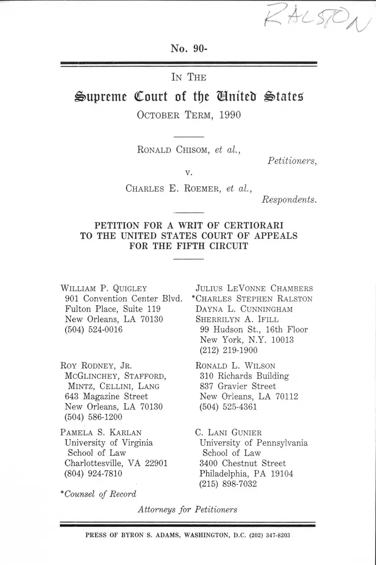 Chisom v. Roemer Petition for a Writ of Certiorari to the US Court of Appeals for the Fifth Circuit preview