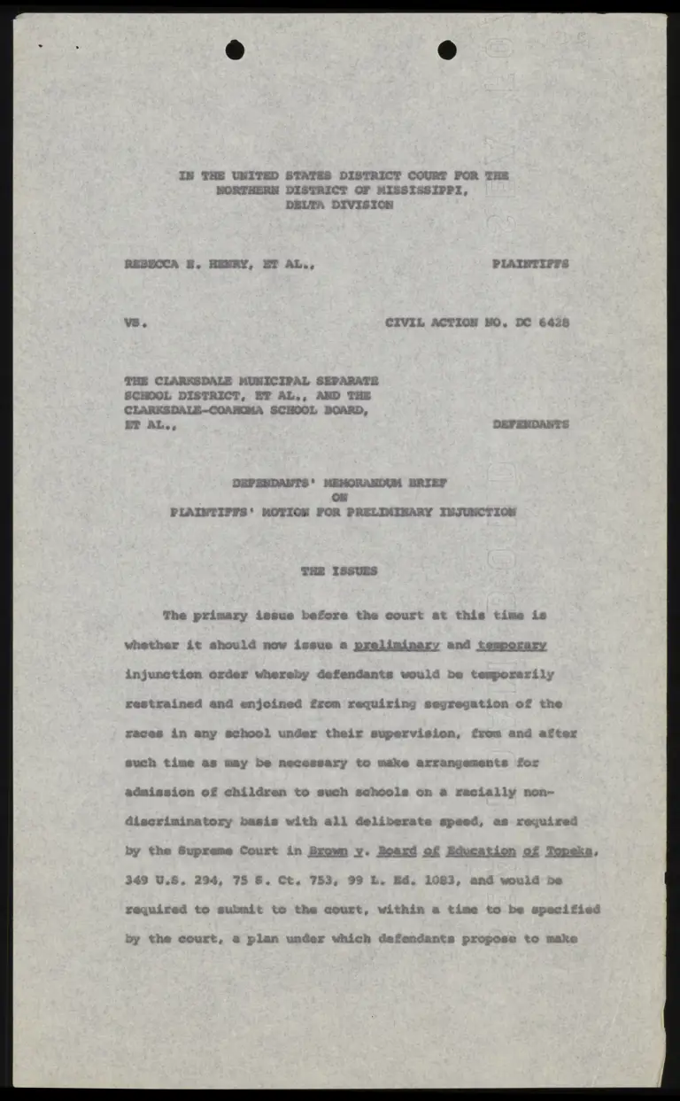 Defendants' Memorandum Brief on Motion for Preliminary Injunction; Sworn Statement of Gycelle Tynes preview