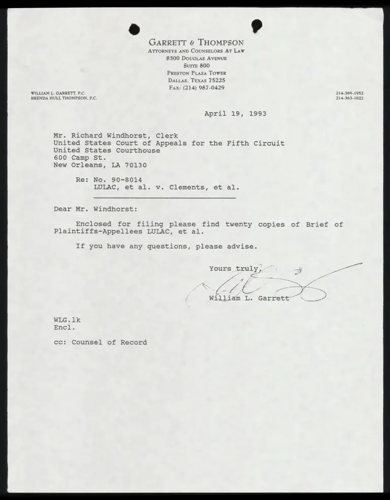 Correspondence from Garrett to Clerk Re: LULAC Brief preview