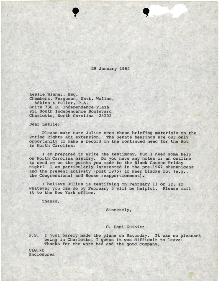 Letter from Lani Guinier to Leslie Winner Esq. RE: Briefing Materials on Voting Rights Extension (Prep for Chambers' Senate Hearing Testimony) preview