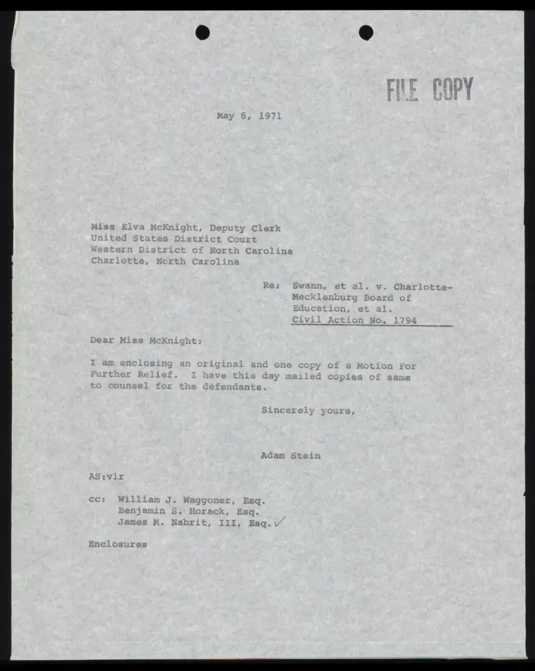 Correspondence from Stein to Clerk Re: Motion for Further Relief preview