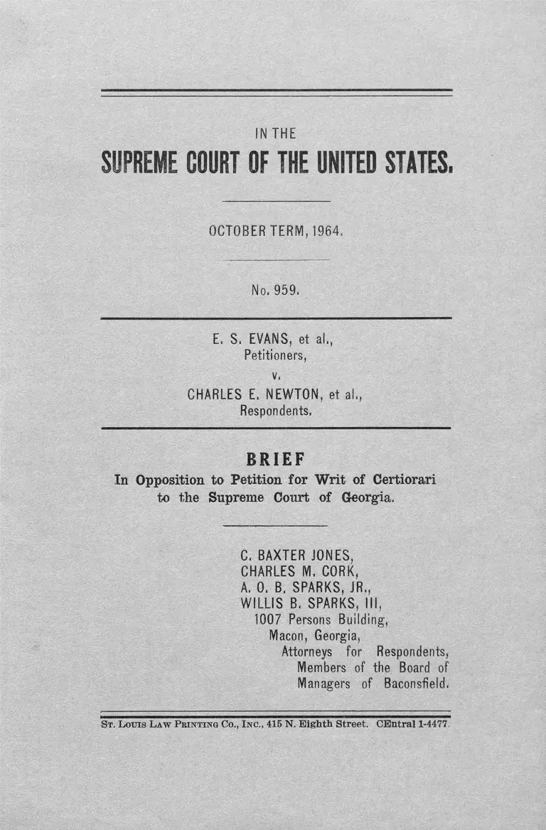 Evans v. Newton Brief in Opposition to Petition for Writ of Certiorari to the Supreme Court of Georgia preview