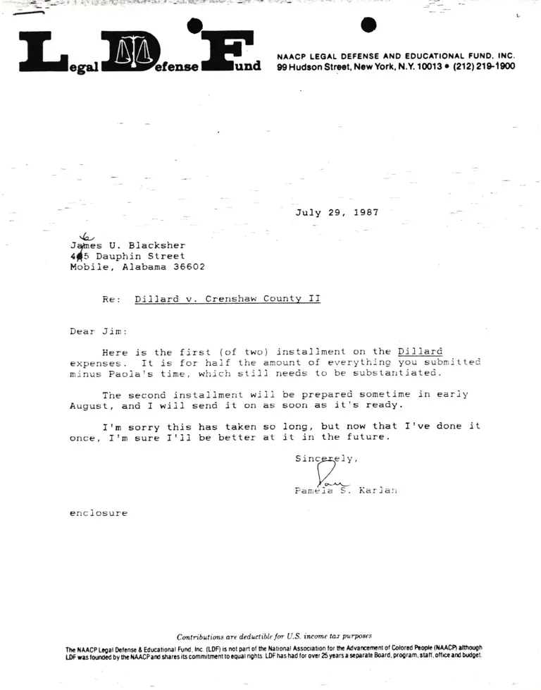 Correspondence from Pamela Karlan to James U. Blacksher Re Dillard v. Crenshaw County II preview