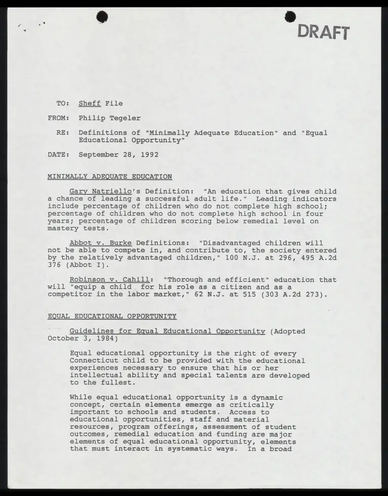 Memo from Tegeler to File Re: Definitions of "Minimally Adequate Education" and "Equal Educational Opportunity" preview