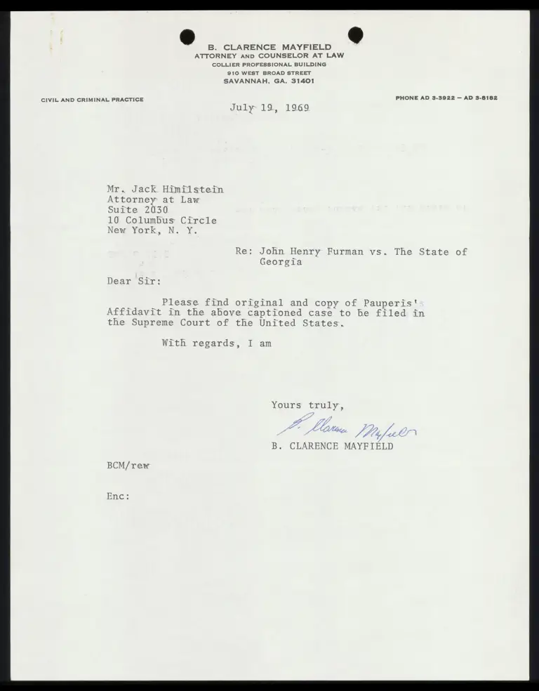 Correspondence from Mayfield to Himmelstein preview