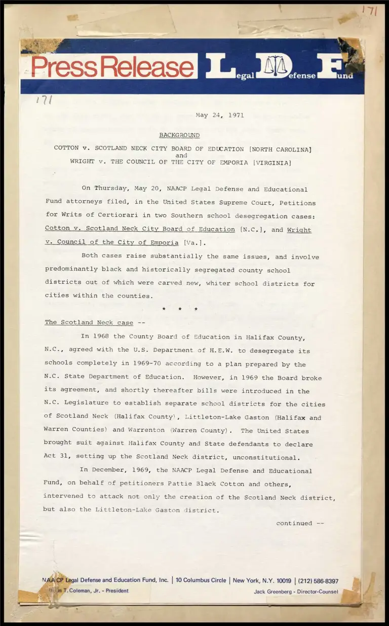 Background on Cotton v. Scotland Neck City Board of Education (N.C.) and Wright v. The Council of the City of Emporia (VA) preview