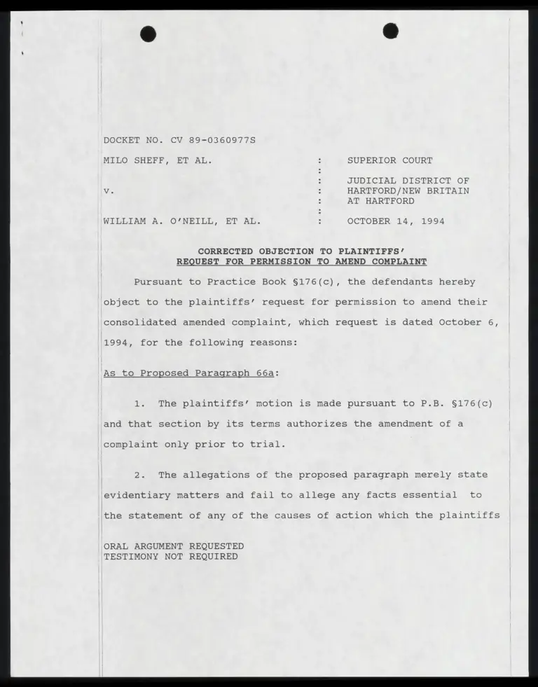 Corrected Objection to Plaintiffs' Request for Permission to Amend Complaint preview