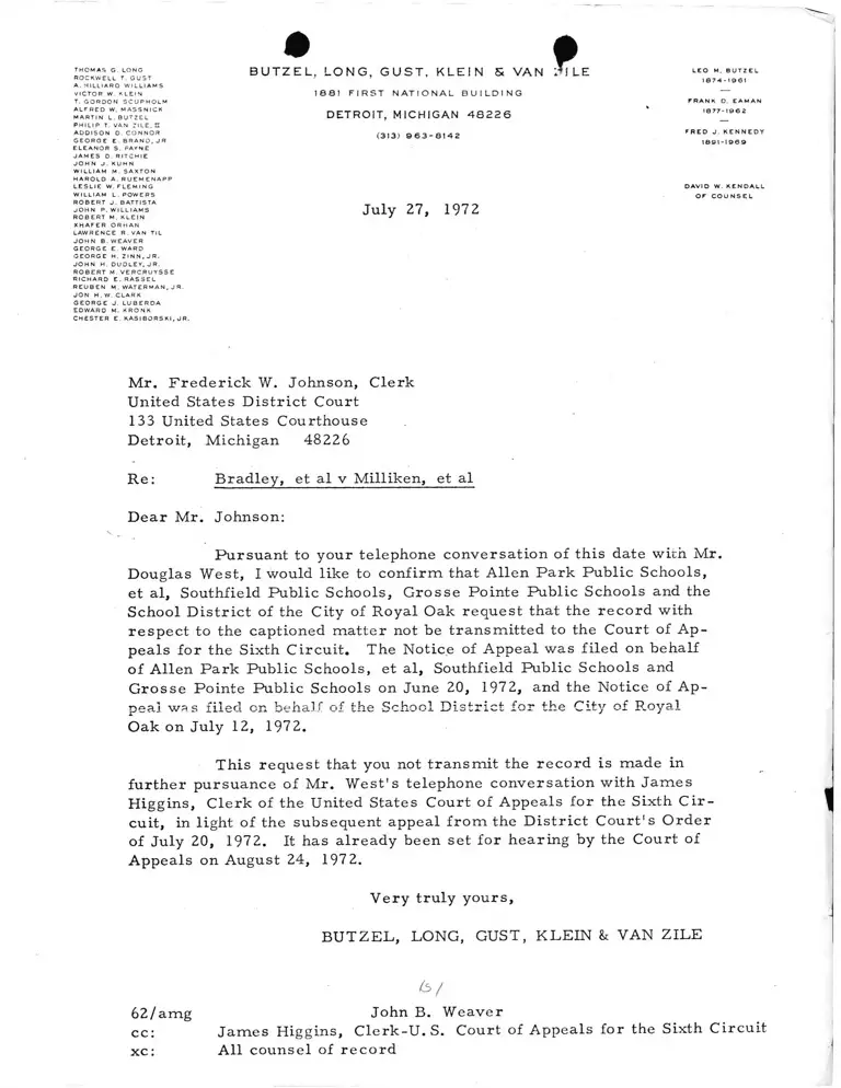 Letter from Weaver to court and all counsel of record RE: Transmission of Record preview