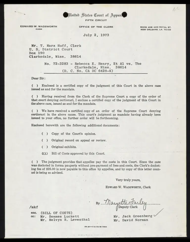 Correspondence from Clerk to Counsel with Bill of Costs preview