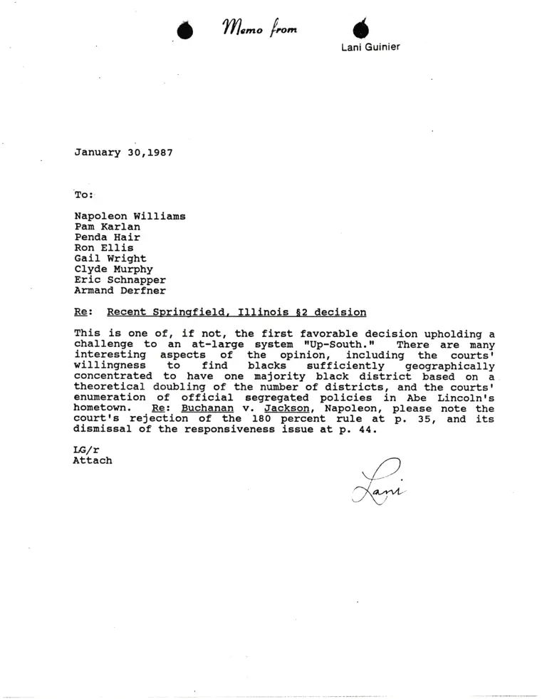 Correspondence from Lani Guinier to Williams, Karlan, Hair, Ellis, Wright, Murphy, Schnapper, and Derfner Re Recent Springfield, Illinois Decision preview