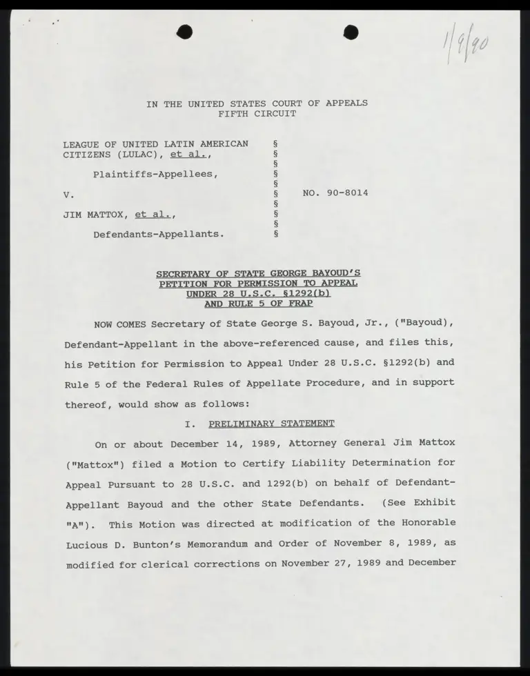 Secretary of State Bayoud's Petition for Permission to Appeal Under 28 U.S.C. 1292(b) and Rule 5 of FRAP preview