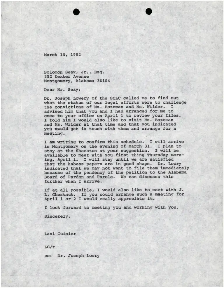 Letter from Lani Guinier to Solomon Seay, Jr., Esq. RE: Confirmation of Travel Schedule preview