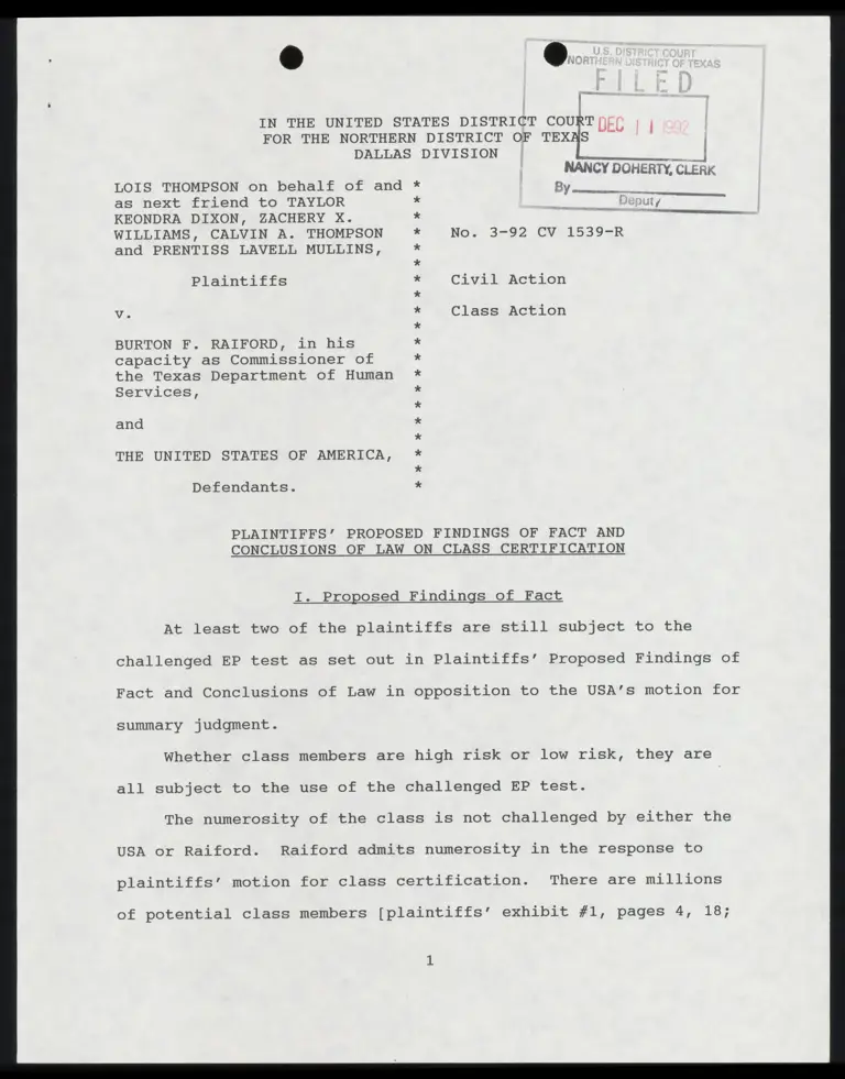 Plaintiff's Proposed Findings of Fact and Conclusions of Law on Class Certification preview