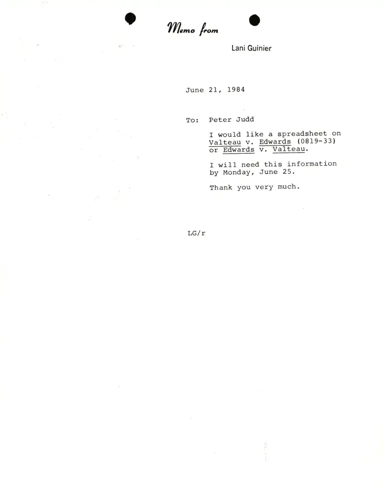 Memo from Lani Guinier to Peter Judd RE: Valteau v. Edwards preview