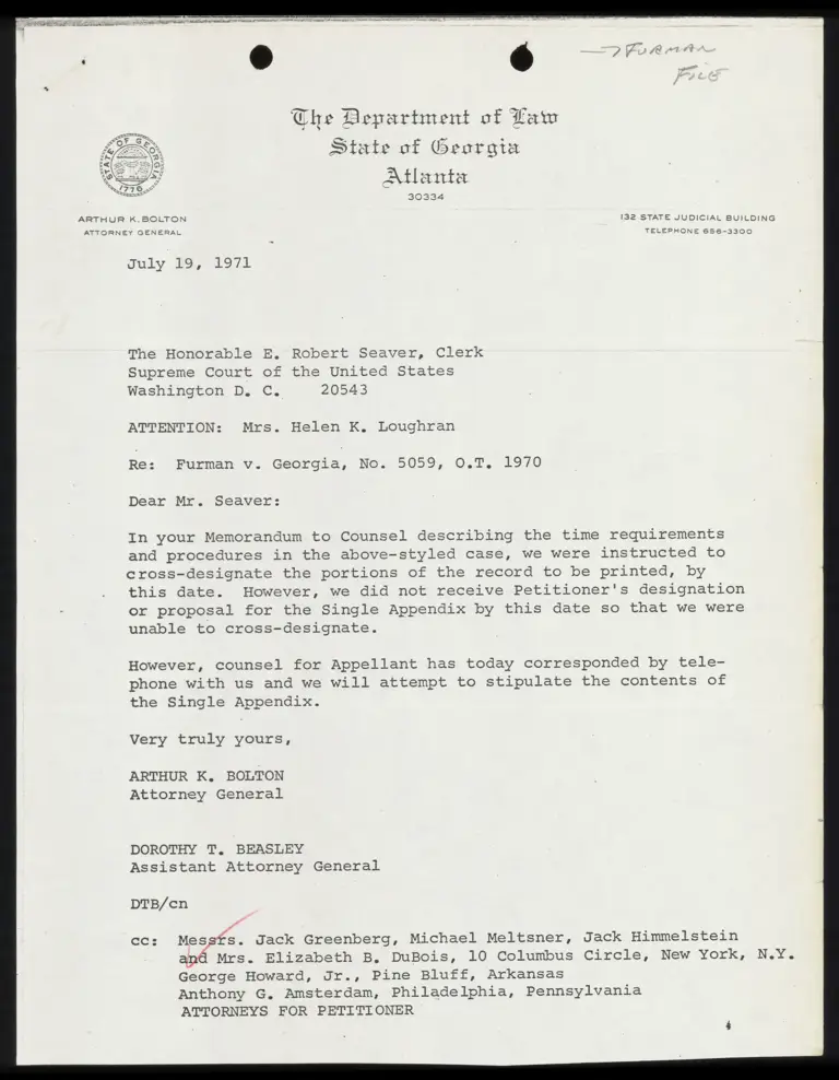 Correspondence from Bolton and Beasley to Clerk preview