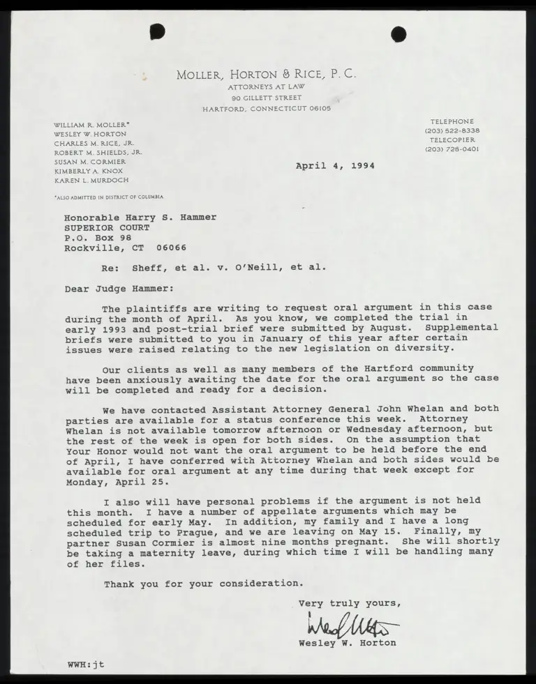 Correspondence from Horton to Judge Hammer Re: Request for Oral Argument preview