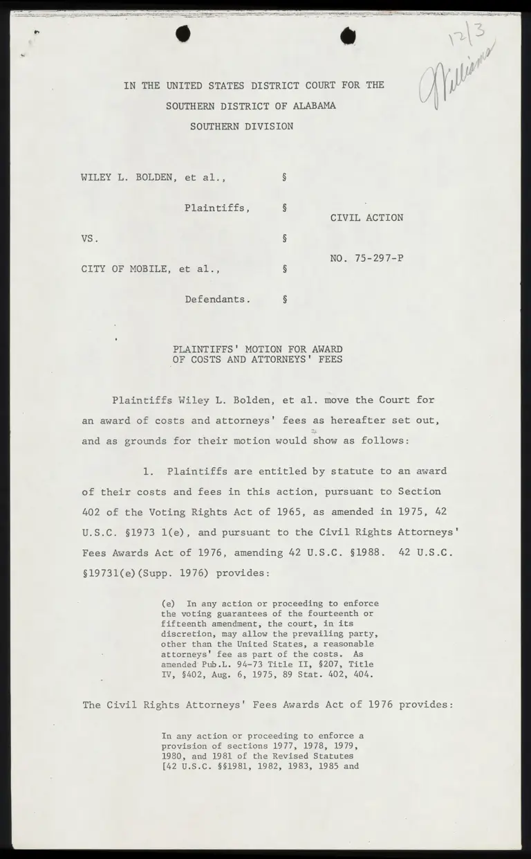 Plaintiffs' Motion for Award of Costs and Attorneys' Fees preview
