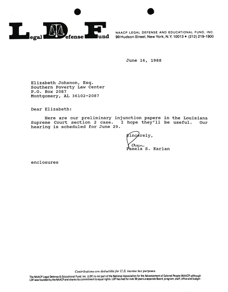 Correspondence from Pamela Karlan to Elizabeth Johnson preview