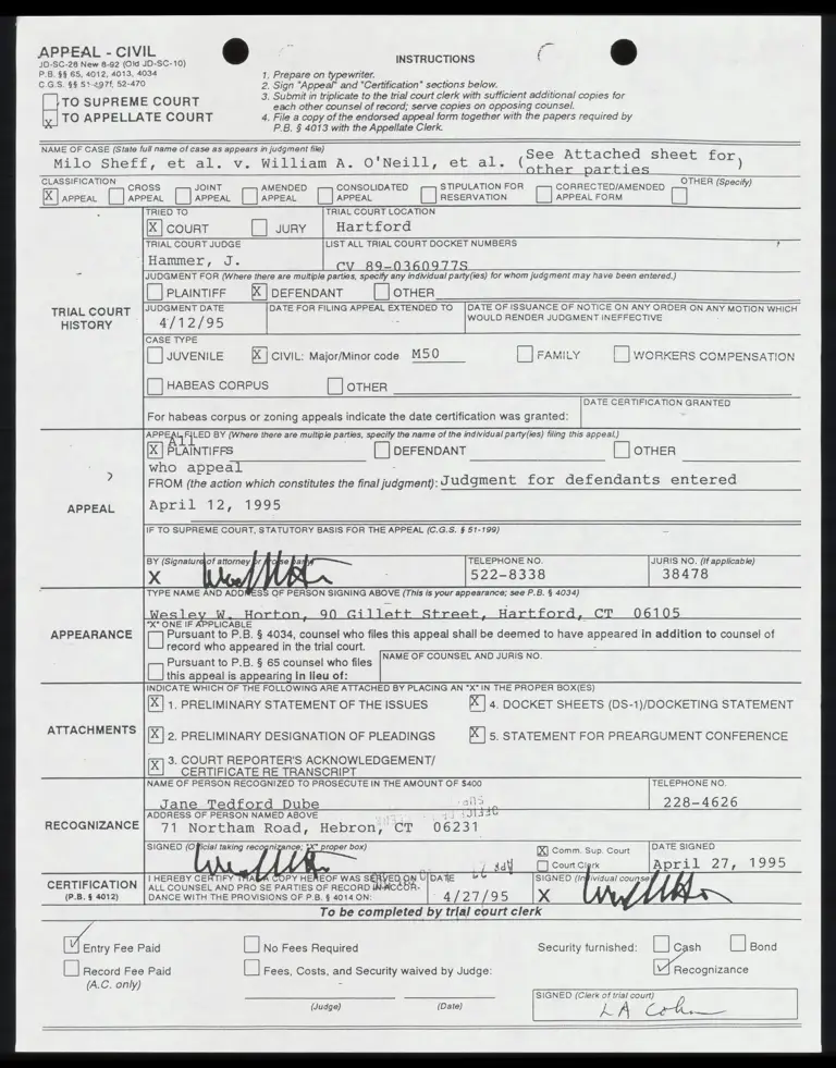 Appeal Form for Hartford Superior Court preview