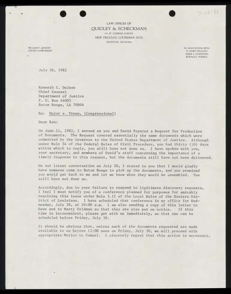 Letter to Kenneth DeJean from James Kellogg RE Request for Production of Documents preview