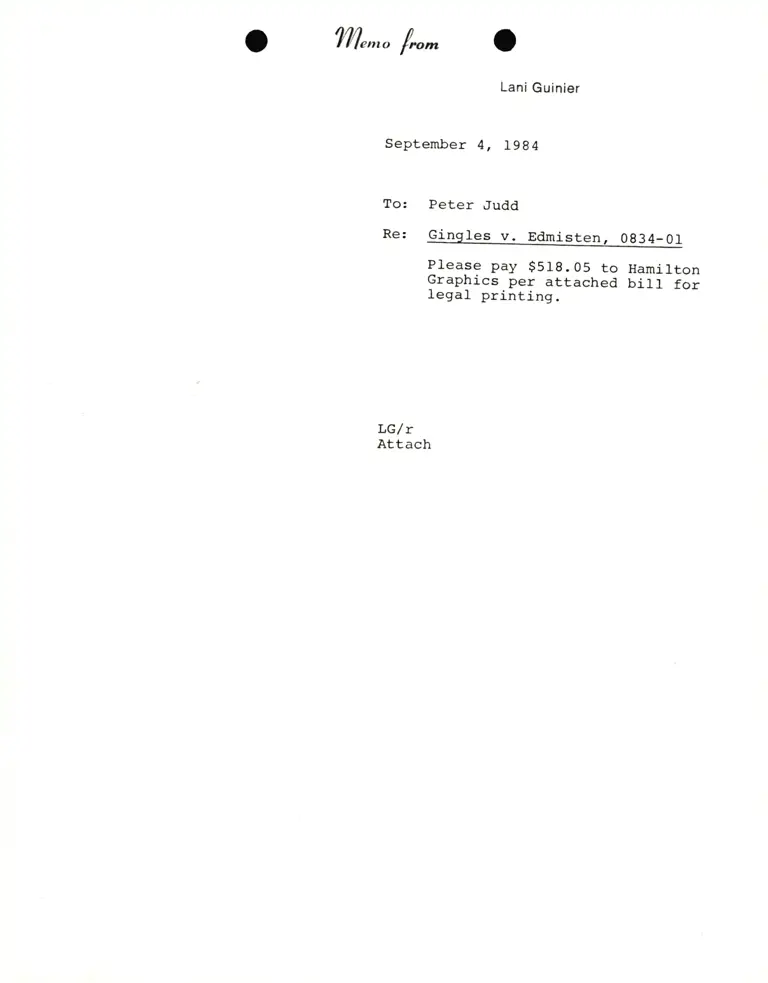 Memo from Lani Guinier to Peter Judd RE Gingles v Edmisten preview