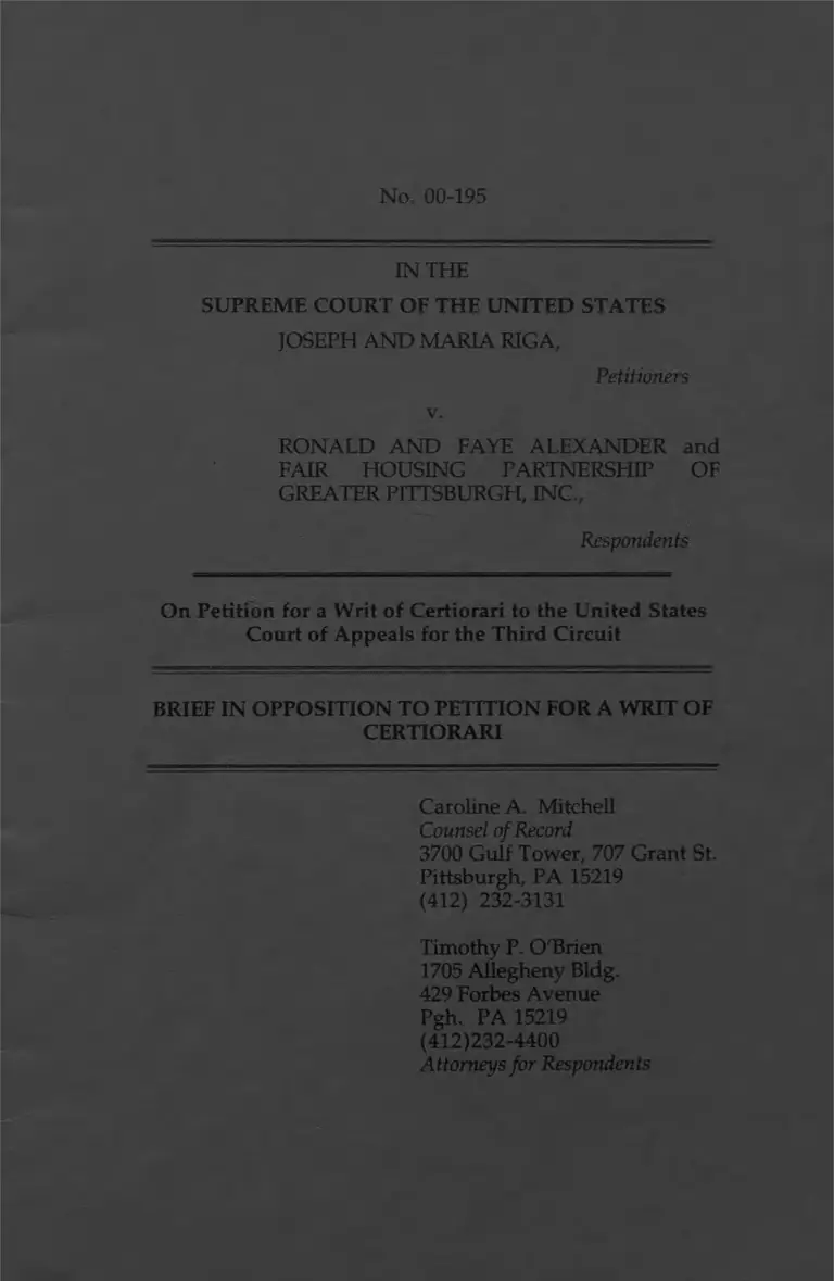 Riga v Alexander Brief in Opposition to Petition Writ of Certiorari preview