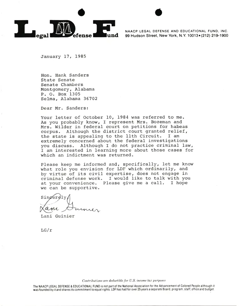 Correspondence from Lani Guinier to Senator Hank Sanders (Alabama State Senate) preview