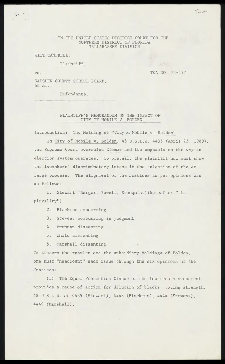 Plaintiff's Memorandum on the Impact of "City of Mobile v. Bolden" preview
