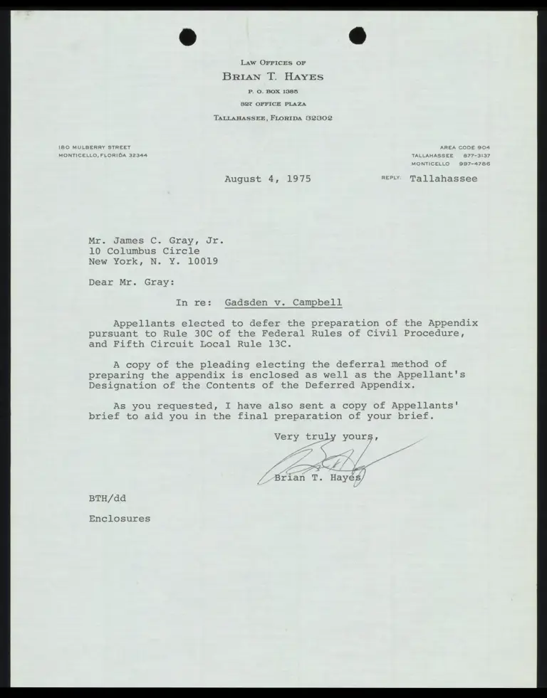 Correspondence from Hayes to Gray Re: Deferral of Appendix preview