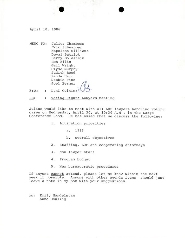 Memorandum from Lani Guinier to Chambers, Schnapper, Williams, Patrick, Goldstein, Ellis, Wright, Murphy, Reed, Hair, Fins, Berger Re Voting Rights Lawyers Meeting preview