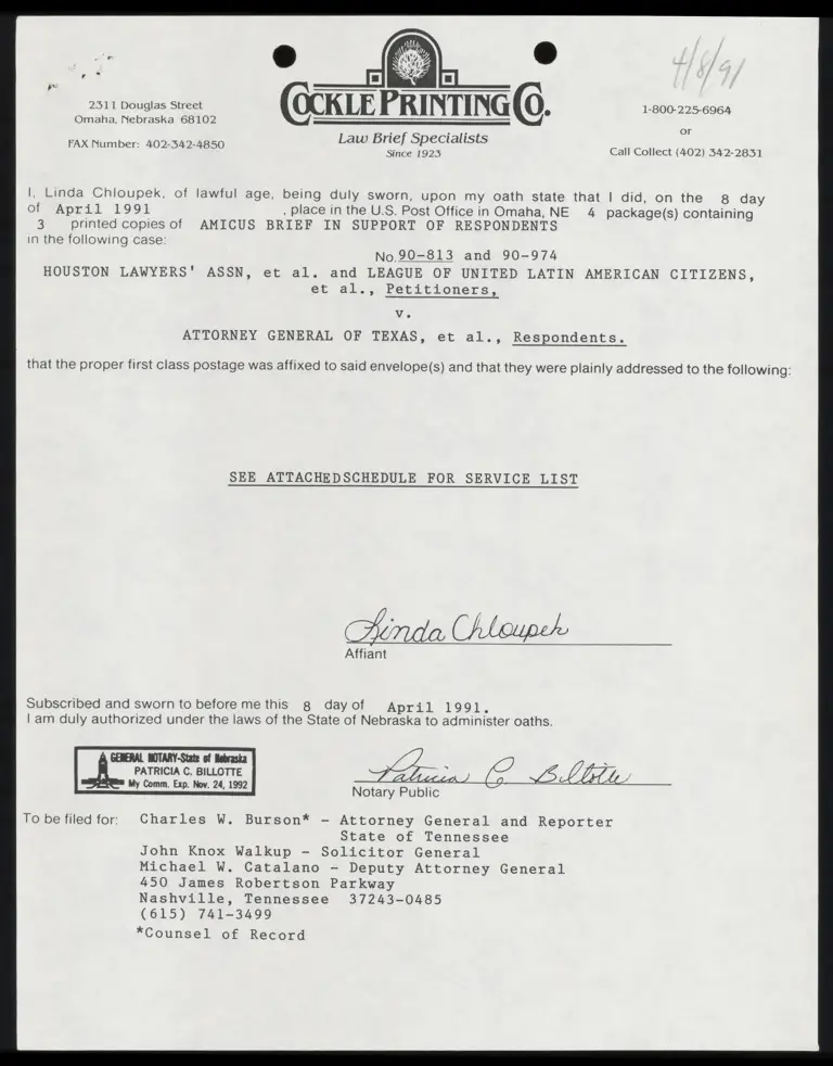 Cockle Printing Affidavit with Attached Schedule for Service List preview