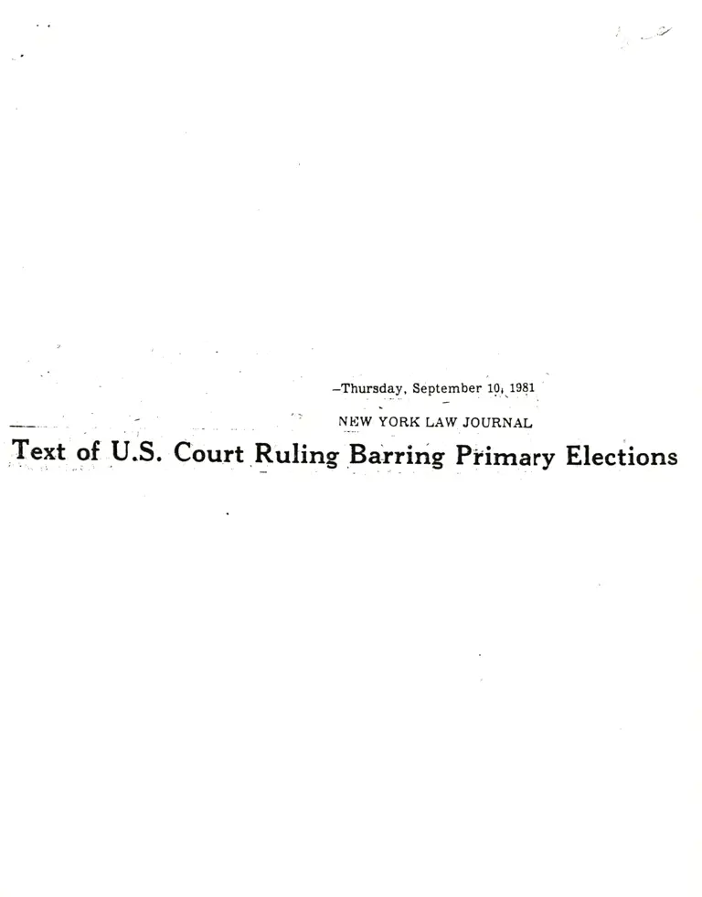 Text of US Court Ruling Barring Primary Elections Article from the New York Law Journal; Redistricting News Clipping preview