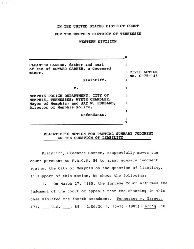 Plaintiff's Motion for Partial Summary Judgment on the Question of Liability preview