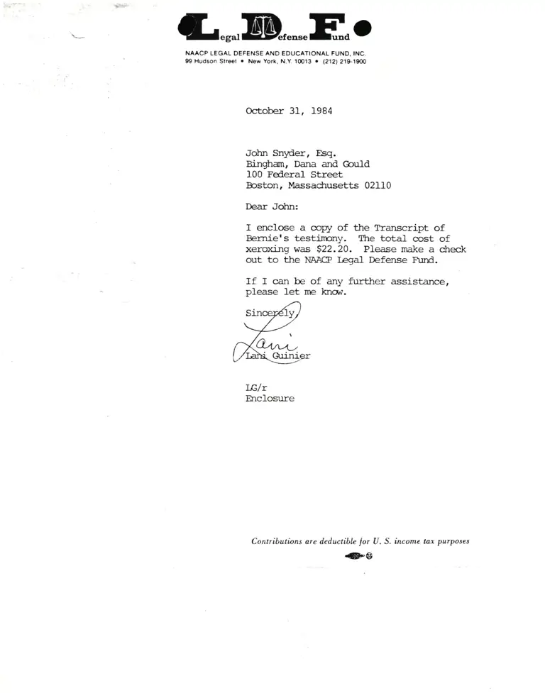 Letter from Lani Guinier to John Snyder RE Transcript of testimony preview