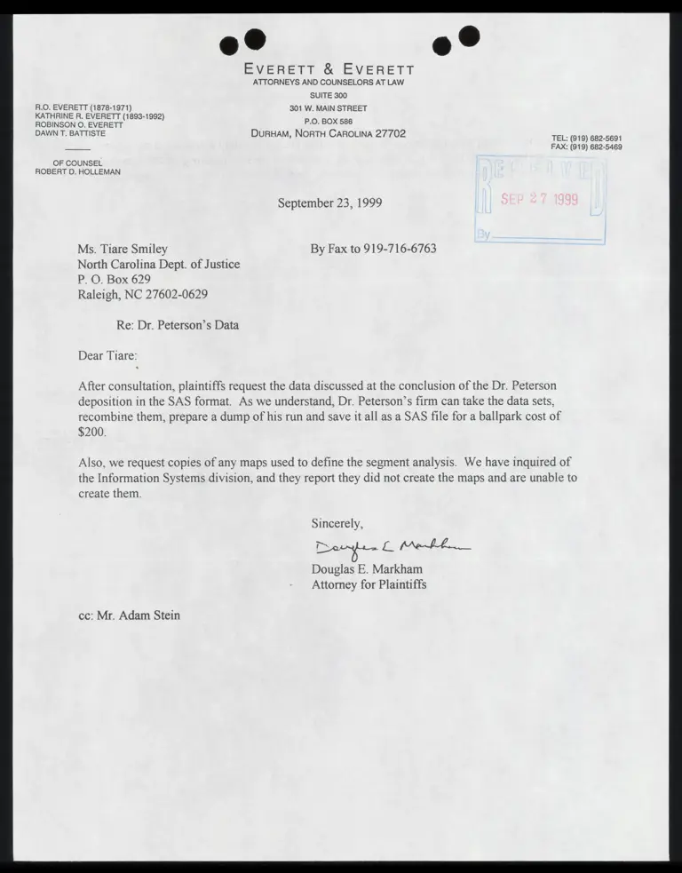 Letter to Smiley from Markham RE: Dr. Peterson’s Data preview