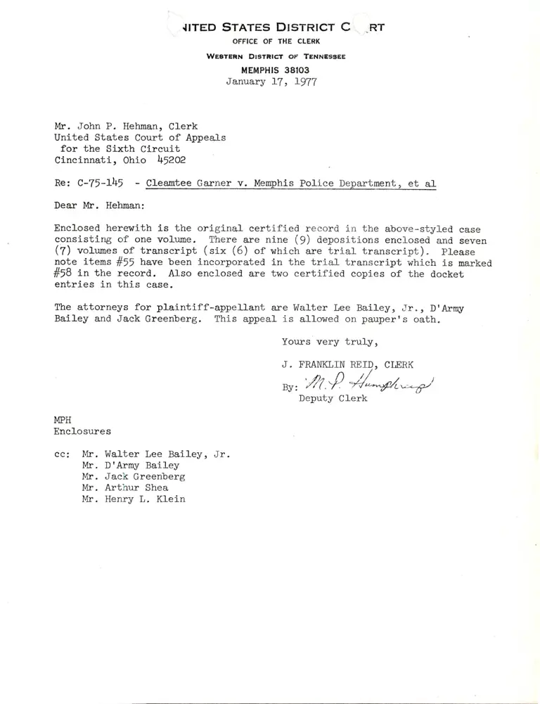 Correspondence from Clerk to John Hehman with Trial Transcript preview