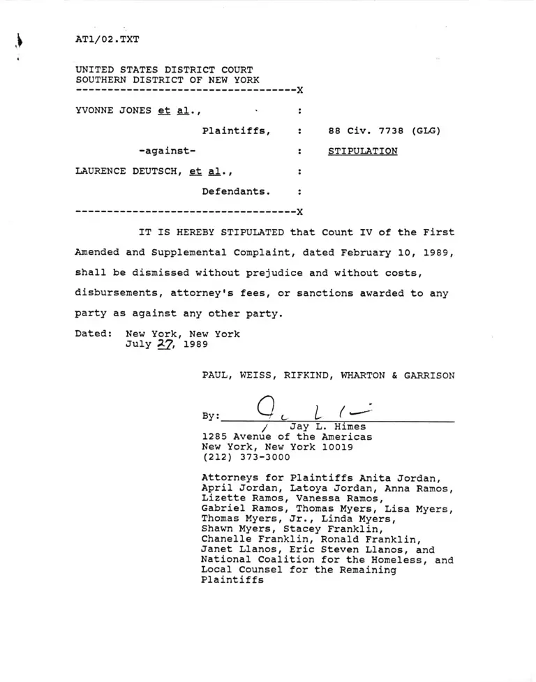 Jones v. Deutsch Stipulation preview