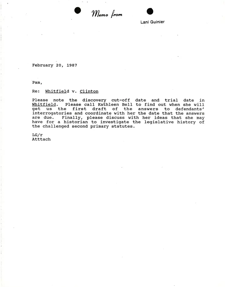 Memorandum from Lani Guinier to Pamela Karlan Re Whitfield v. Clinton preview