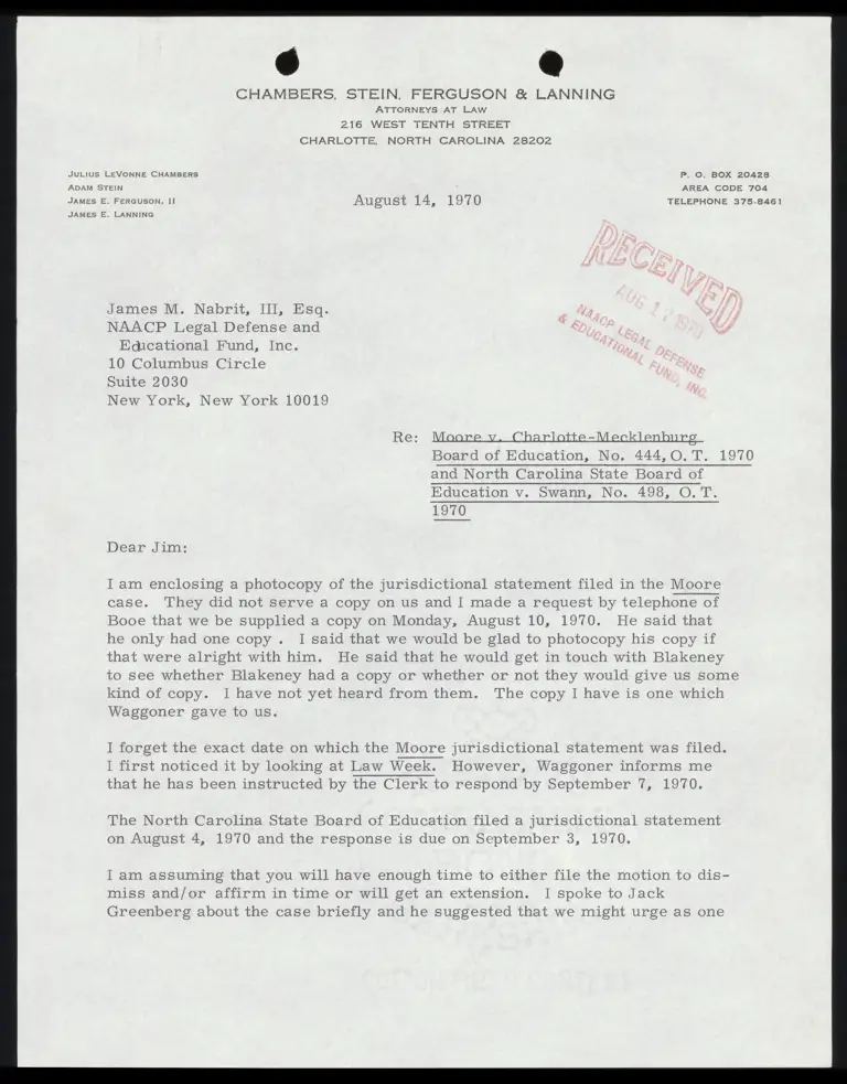 Correspondence from Stein to Nabrit Re: Jurisdictional Statement preview