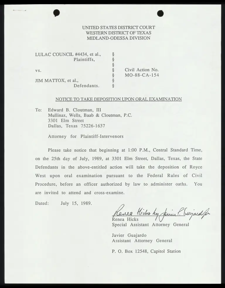 Notice to Take Deposition Upon Oral Examination to Cloutman for July 25 (Afternoon) preview